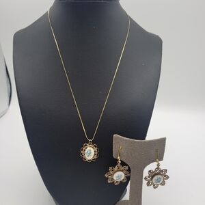 Vintage Gold Filled Ceramic Blue Flower Necklace And Earrings Set